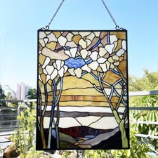 Stained Glass Window Panel Autumn Valley Trees Tiffany Style 19" W x 25" T