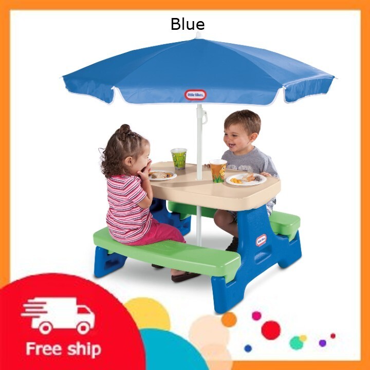 Little Tikes Outdoor Portable Kids Picnic Table with Umbrella, Blue/Green
