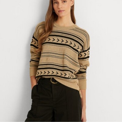 NWT Ralph Lauren Black Label Sweater Womens Large Tan Jacquard Knit Linen Boho
