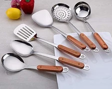 6 Piece Kitchen Cooking Stainless Steel Utensils Set Wooden Handle Cooking Tools