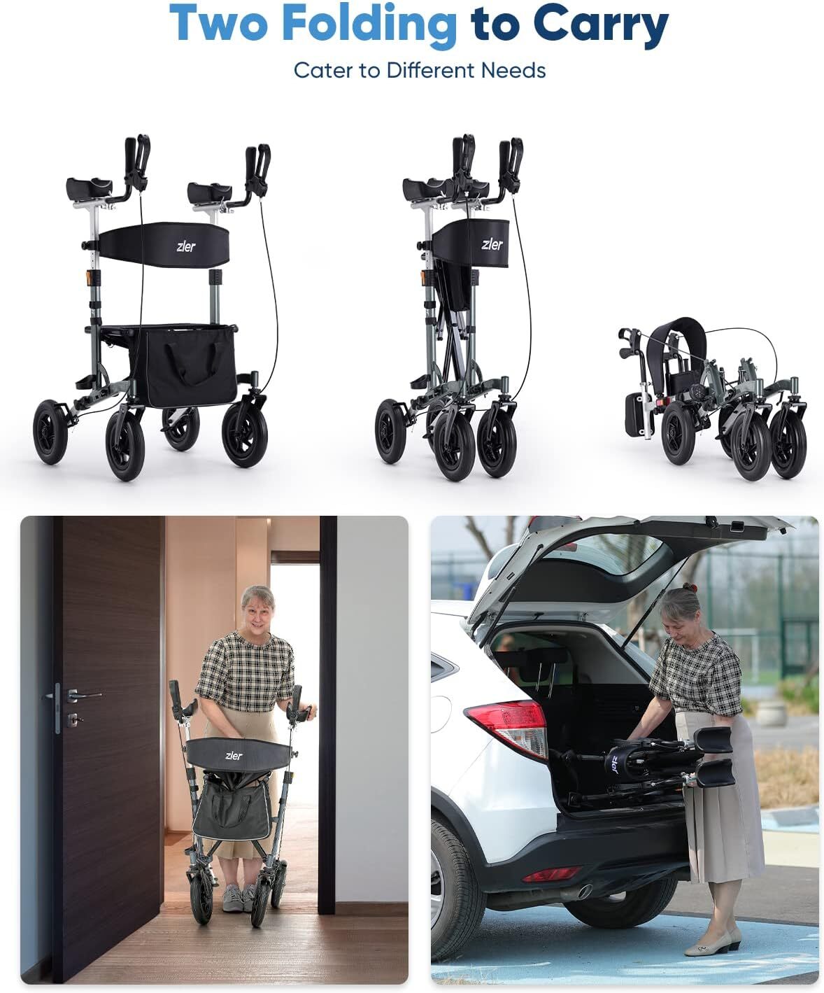 Zler Upright Rollator Walker Compact Stand Up Mobility w/Aid Basket and