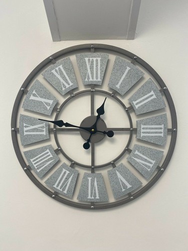 GREY GARDEN ORNAMENT WALL CLOCK LARGE INDOOR OUTDOOR GIANT OPEN FACE METAL 58CM - Picture 2 of 3