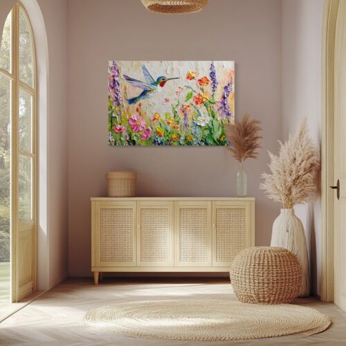Bonita impresión de pintura sobre lienzo de arte de pared de colibrí y flores silvestres de primavera - Imagen 9 de 11