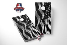 American Flag Wavy Black and White Cornhole Board Vinyl Wrap Skins Laminated Set