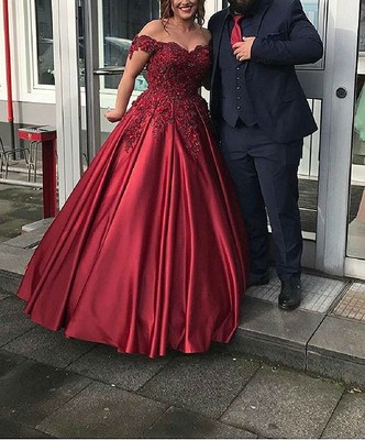 burgundy off the shoulder ball gown