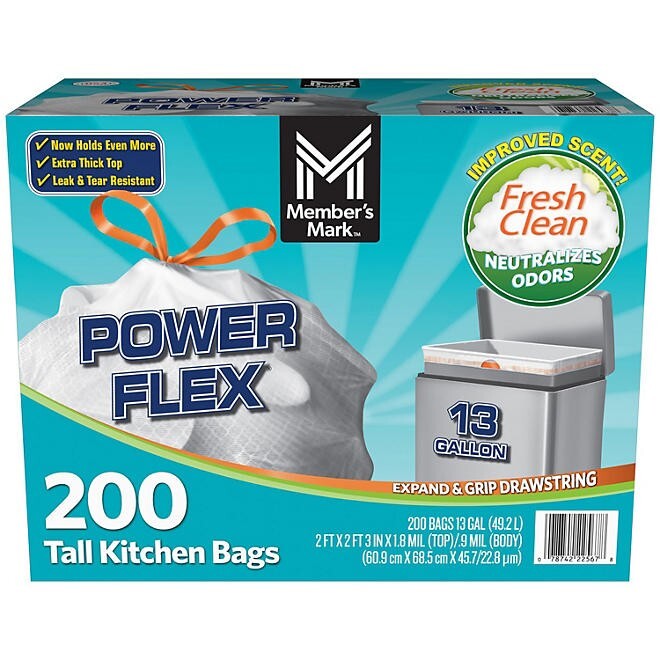 Member's Mark Power Flex Tall Kitchen Drawstring Trash Bags 13 Gallon