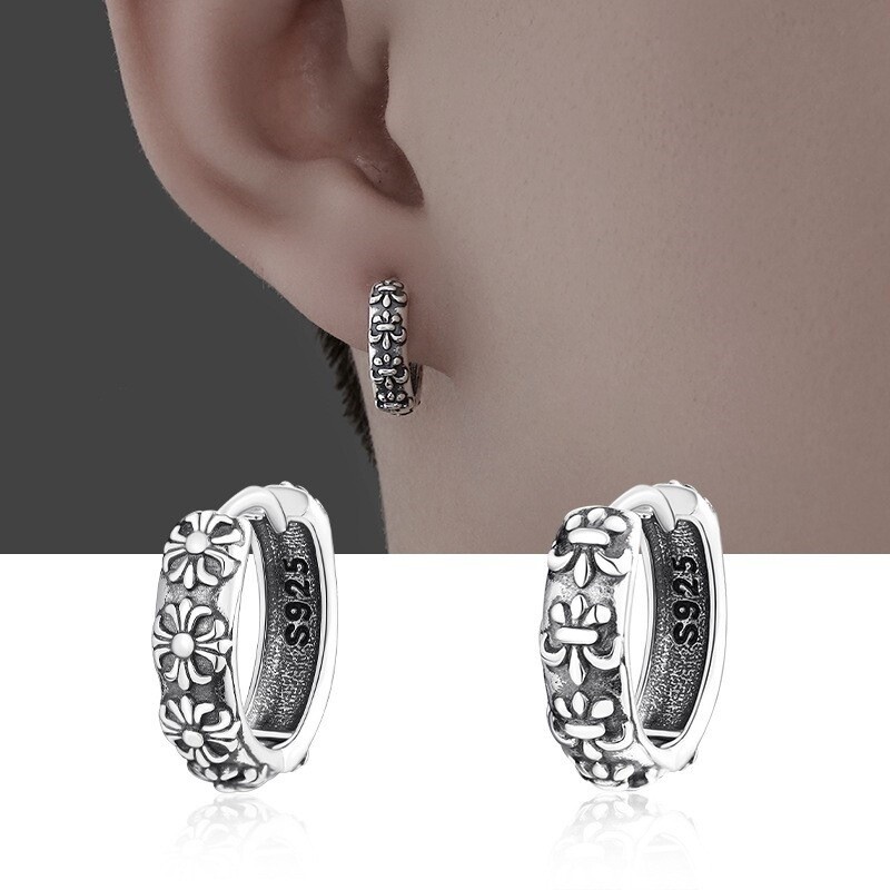 Retro Men Women 925 Silver Vintage Patterned Hoop Huggie Earrings Gift K35A1A