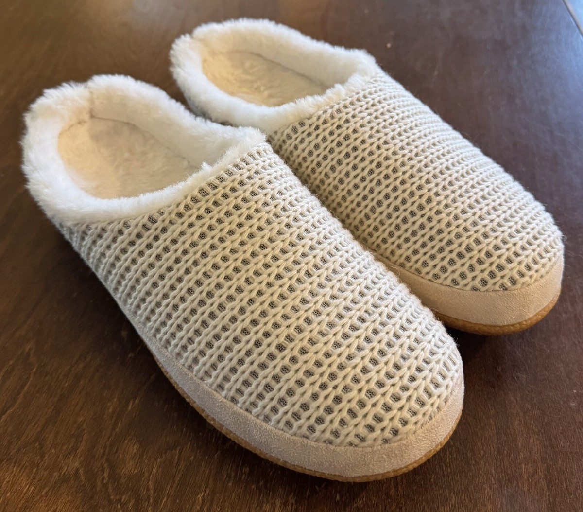 TOMS Ivy SWEATER KNIT Faux Fur SLIPPER Mules in CREAM WHITE Women’s Size  EUC