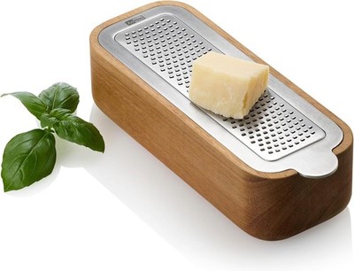 AdHoc Cut n Serve Fine Grater, Food Grater, Stainless Steel, Acacia Wood Bowl