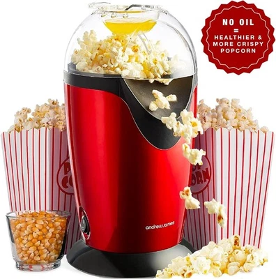 Popcorn Maker Machine Electric Red Hot Air Popcorn 8 boxes 1200W Andrew James