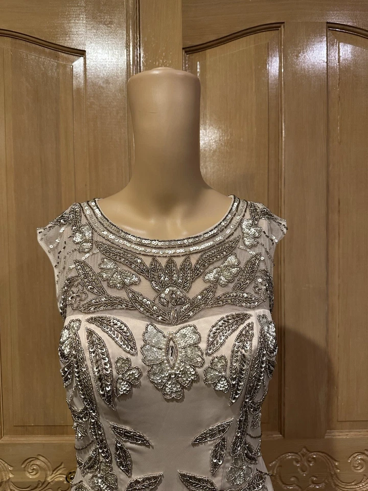 Sue Wong 夜曲礼服女式 12 红色丝绸无袖串珠 V 领蕾丝连衣裙 — 第 4/4 张图片