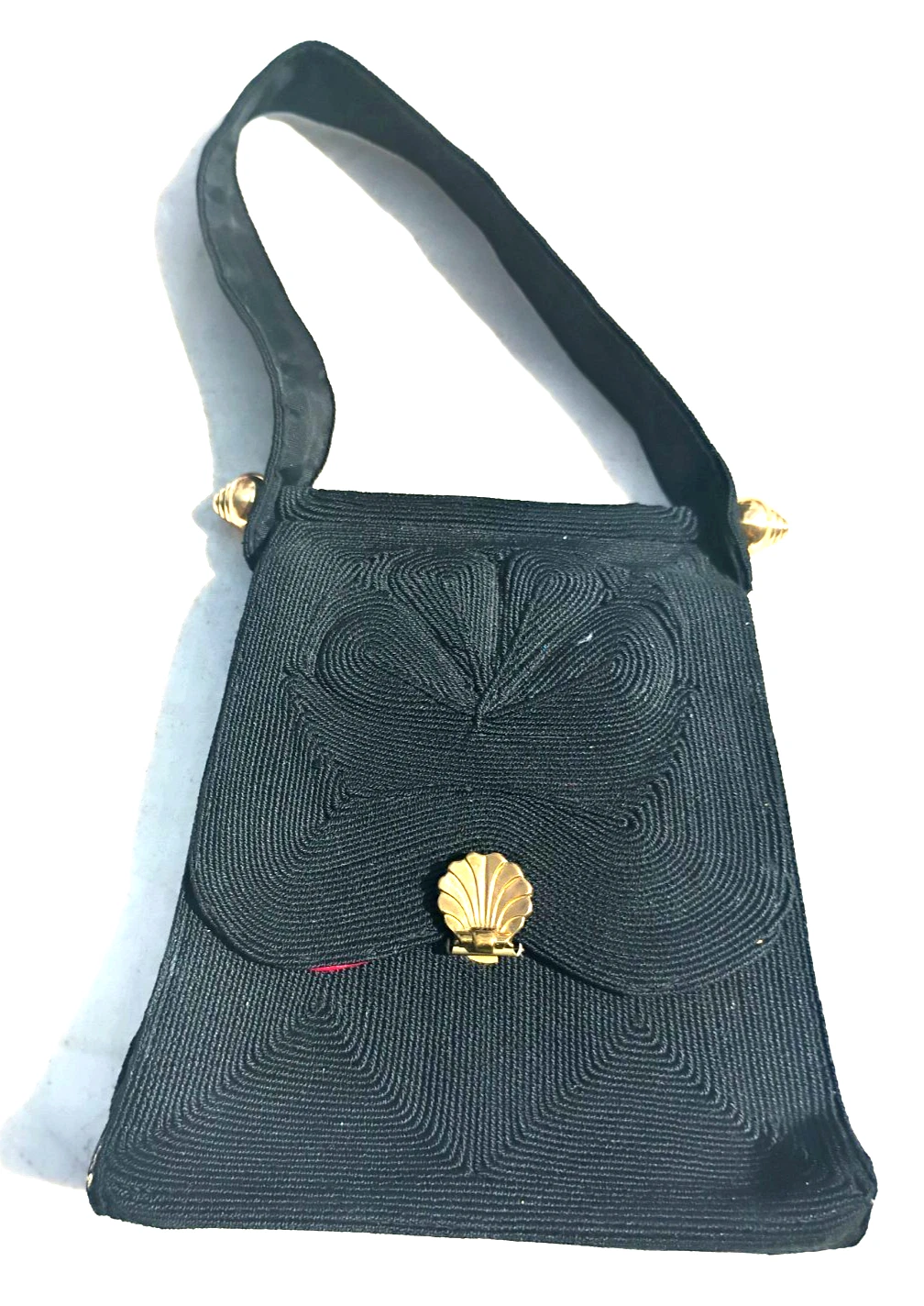 Silvercraft Hollywood Corde Lady's Strap Handbag Black Seashell Clasp Retro Vtg