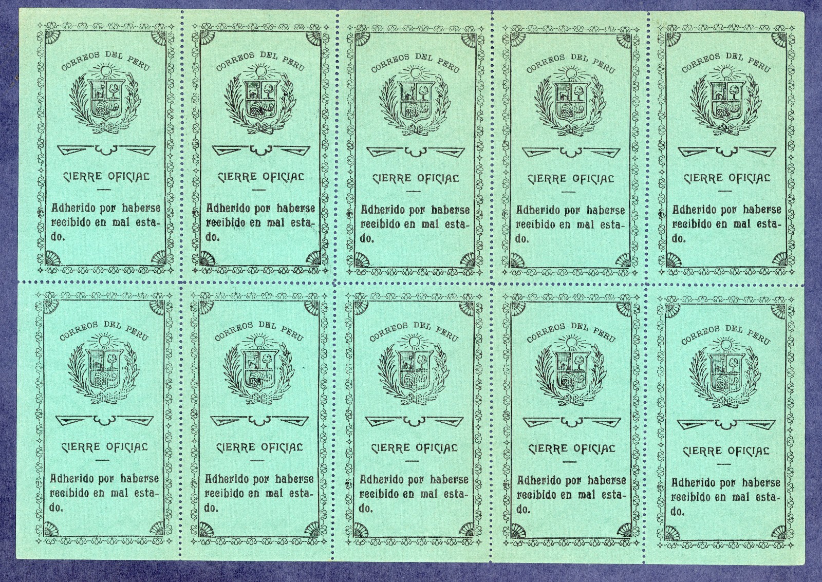 Peru Official Seal 16a- Complete Sheet of Ten MNH- Uncommon
