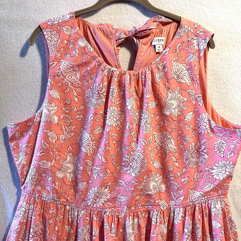 Vestido J Crew Talla 18 Coral Vivo Floral Cuello Atado MIDI Algodón Ajuste Acampanado Foto 3 de 4