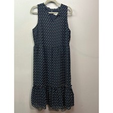 LOFT Outlet Dress Womens 12 Navy Blue Clip Dot Ruffle Tiered Midi Sleeveless