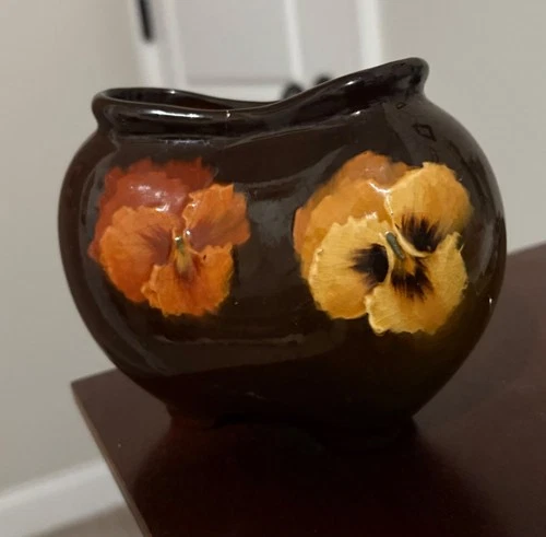 Antique Weller Art Pottery Louwelsa Footed Vase Signed Orange Pansy Planter 4.5"
