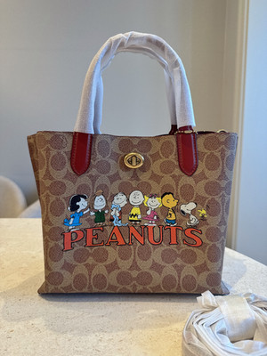 NWT Coach x PEANUTS Willow Tote Bag 24 Signature Canvas CBF72 Brown OUTLET