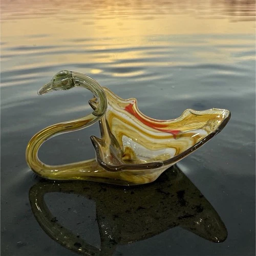 Vintage Art Glass Swan Bowl Amber Olive Murano Style Mid Century Modern