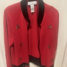 Tiara International Christmas Collection Red Cardigan Sweater Cardinals Holly L