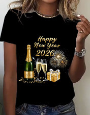 Women's Happy New Year 2026 T-Shirt - Champagne Toasts  Fireworks Graphic Tee