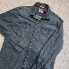 Wrangler Mens Western Denim Shirt Large Blue Pearl Snap Long Sleeve Flex Comfort