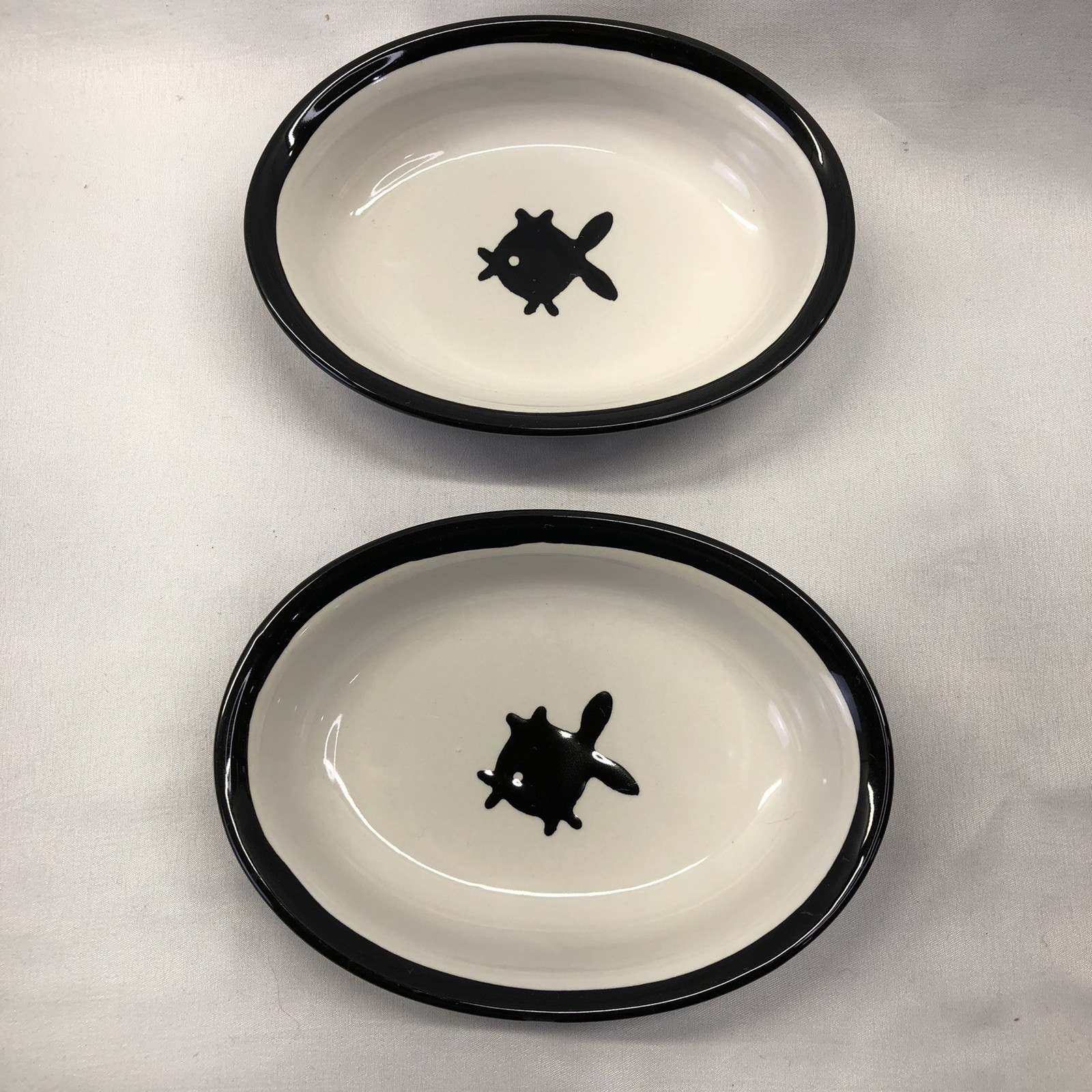 Water Dish Bowl 6.25" Oval Fishes Set Of 2