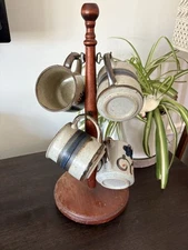 VTG Farmhouse Wooden Tree Mug Stand Wood Rack Cup Holder Holds 6 Mugs 16.5”