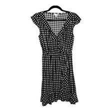 Arizona Jean Co Black White Gingham Wrap Dress Ruffle Hem Cap Sleeve Small