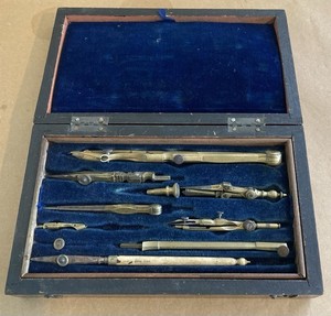 Antique Mahogany Cased Engineers/Architects Brass Drawing Instruments Set c1900
