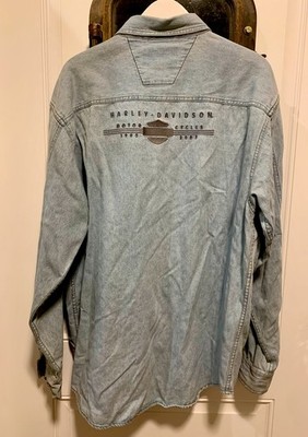 Vintg. HARLEY DAVIDSON Denim Long Sleeve Button down Shirt Embroidered Back Sz L