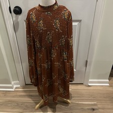 AS U WISH  Floral Long Sleeve Hippie Boho Mini Dress Ruched Size Large Brown