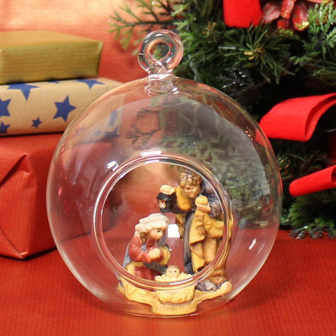 Boule de Noël en verre Sainte Famille pour décoration de sapin traditionnel