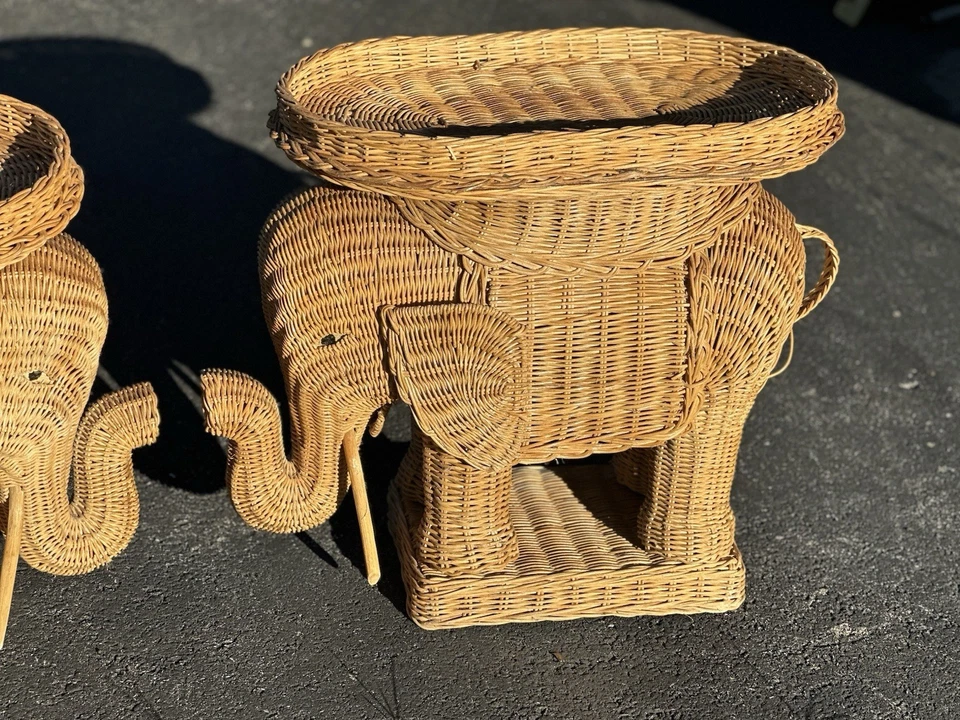 Pair of Vintage Rattan Wicker Elephant Plant Stand Side Tables with Tray - Image 2 of 4