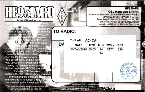 HAM RADIO CQ QSL QSO POSTCARD HF95IARU KIELCE POLAND 2020 AMATEUR RADIO - Picture 2 of 5