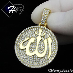 Authentic 925 STERLING SILVER CUBIC ZIRCONIA GOLD PLATED MUSLIM ALLAH ROUND PENDANT*306