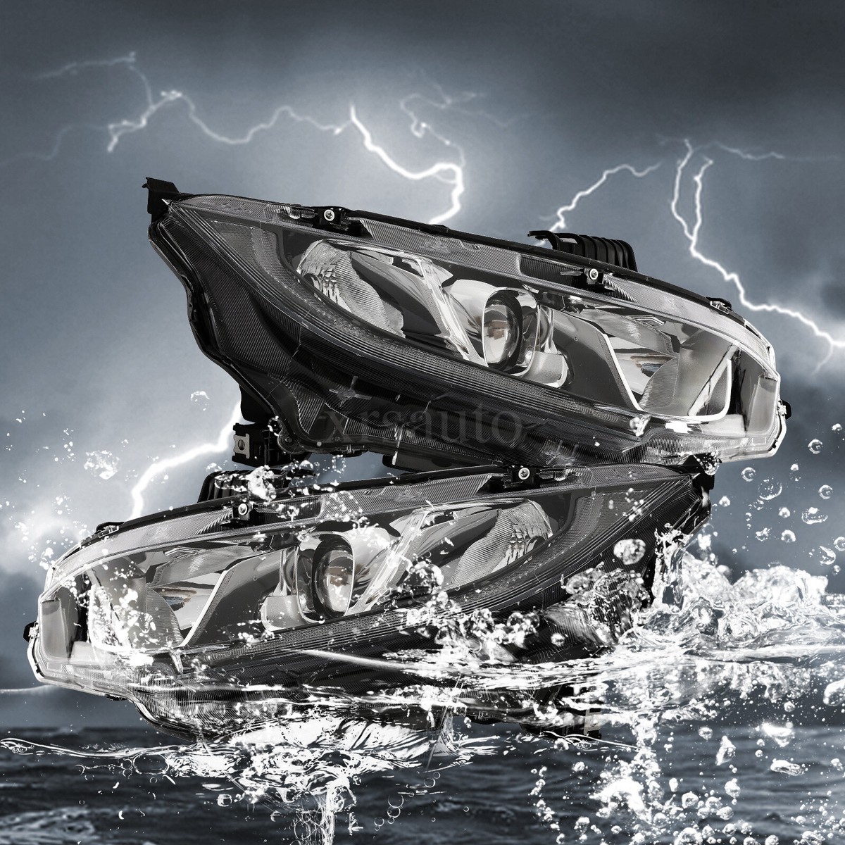 Left Driver Side Halogen Headlight Assembly For 2016-2021 Honda Civic - No Bulbs Included, Chrome Housing