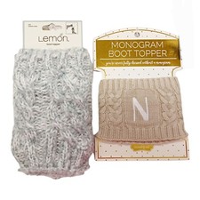 2x Boot Toppers: Mud Pie-Lemon Gray Monogram N Tan Knit