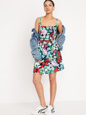 Old Navy Linen Fit & Flare Cami Mini Dress Women XS Tall Floral Smocked Back NEW