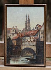 Vista Della Città Con Ponte E Chiesa – Olio Su Tela/Cartone – Firmato