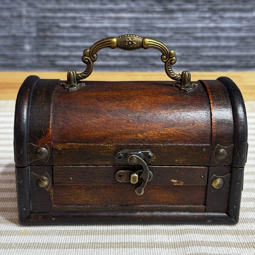 Antique Wooden Trunk trinket Box with Handle Vintage Jewelry Storage Chest, 6.3"
