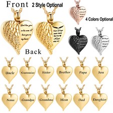 Stainless Steel Angel Wing Heart Urn Pendant Necklace Cremation Ashes Keepsake