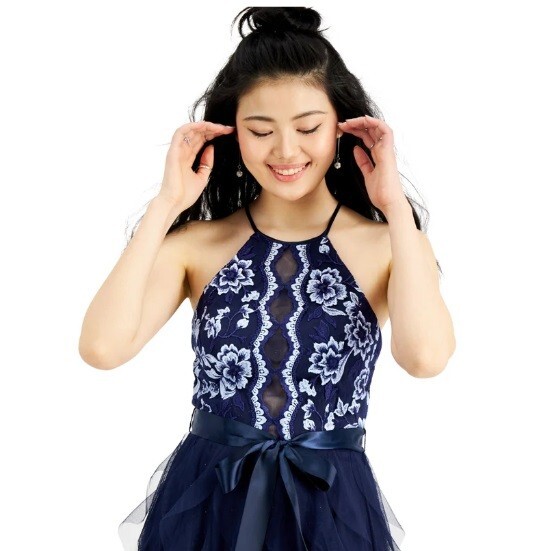 Teeze Me Junior Women 7 Navy Blue Embroidered Ruffle Long