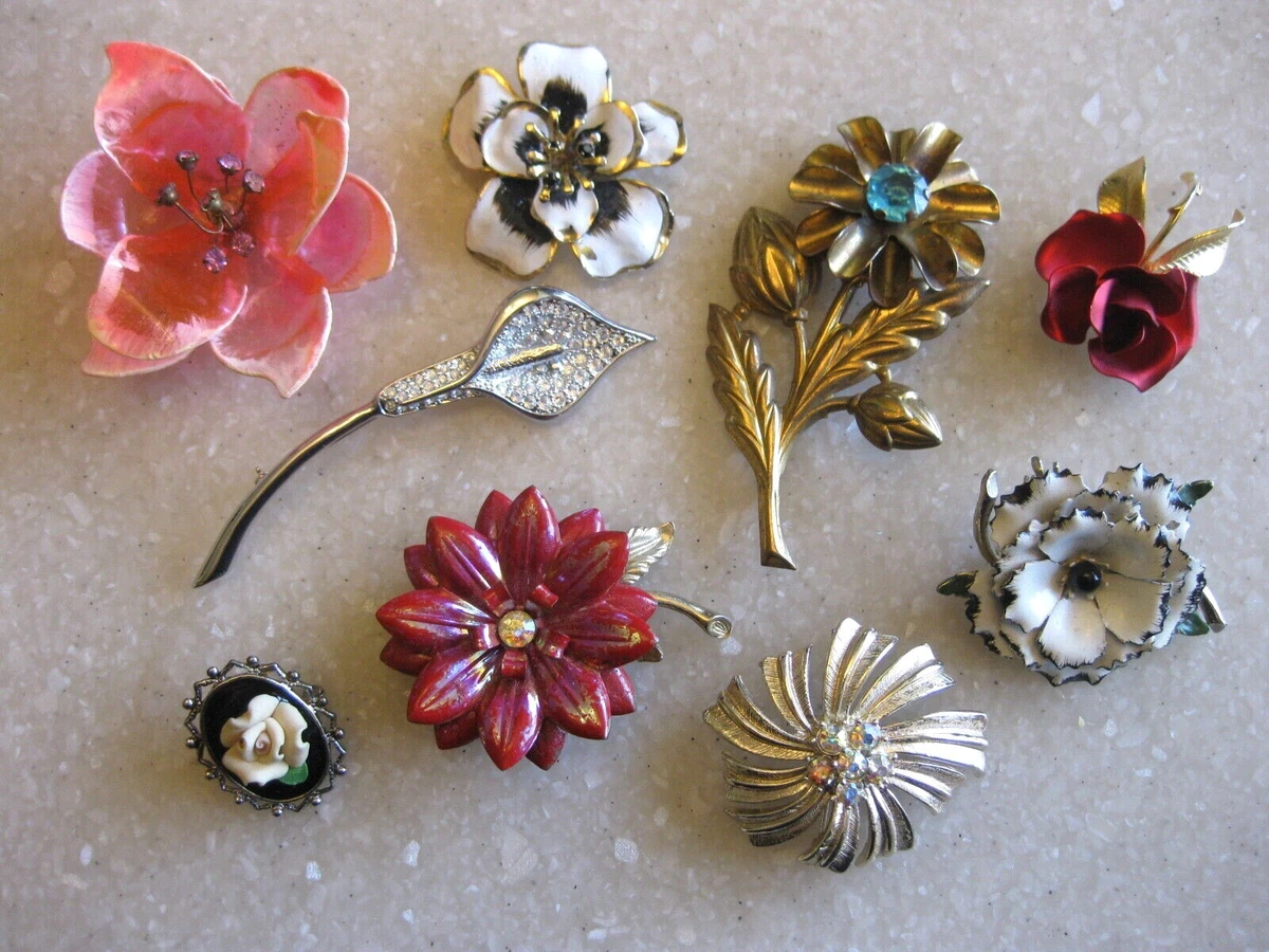 Lot of 9 Vintage & Recent Flower Pins Brooches Rhinestones, China, Enamel