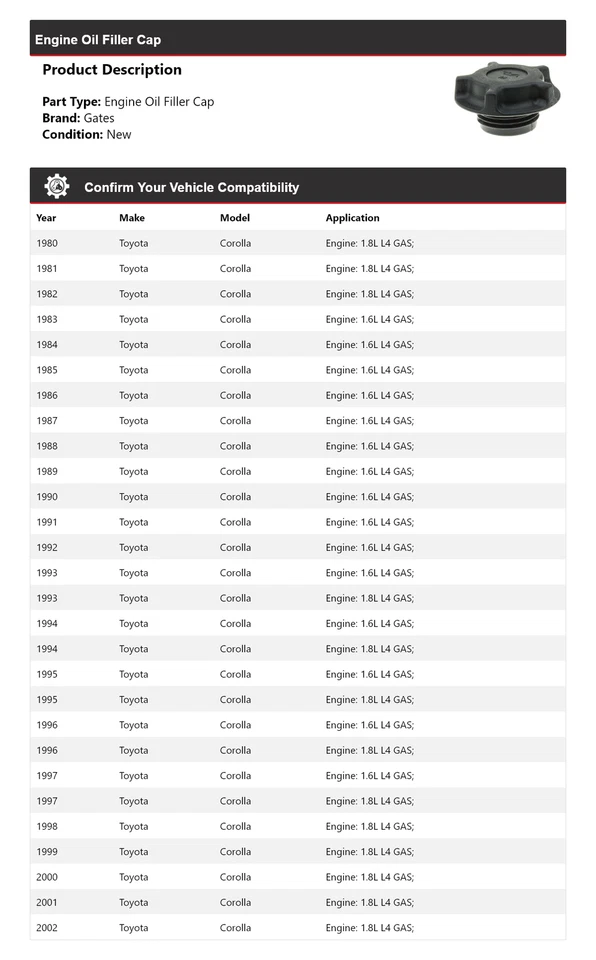 Tapón de llenado de aceite para motor Toyota Corolla 1980-2002 puertas 1981 1982 1983 1984 Foto 2 de 4