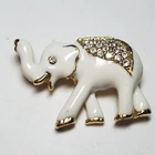 Trunk up White Elephant Enamel Rhinestone VTG Brooch Pin Fashion Costume Jewelry