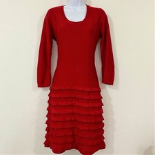 Calvin Klein Women's Multi-Tiered Ruffled Beaded Knit Sweater Dress Red