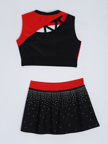 Kids Girls Cheerleading Uniform Shiny Crop Top with Skirt Set Cheer Fancy AU - Picture 10 of 90