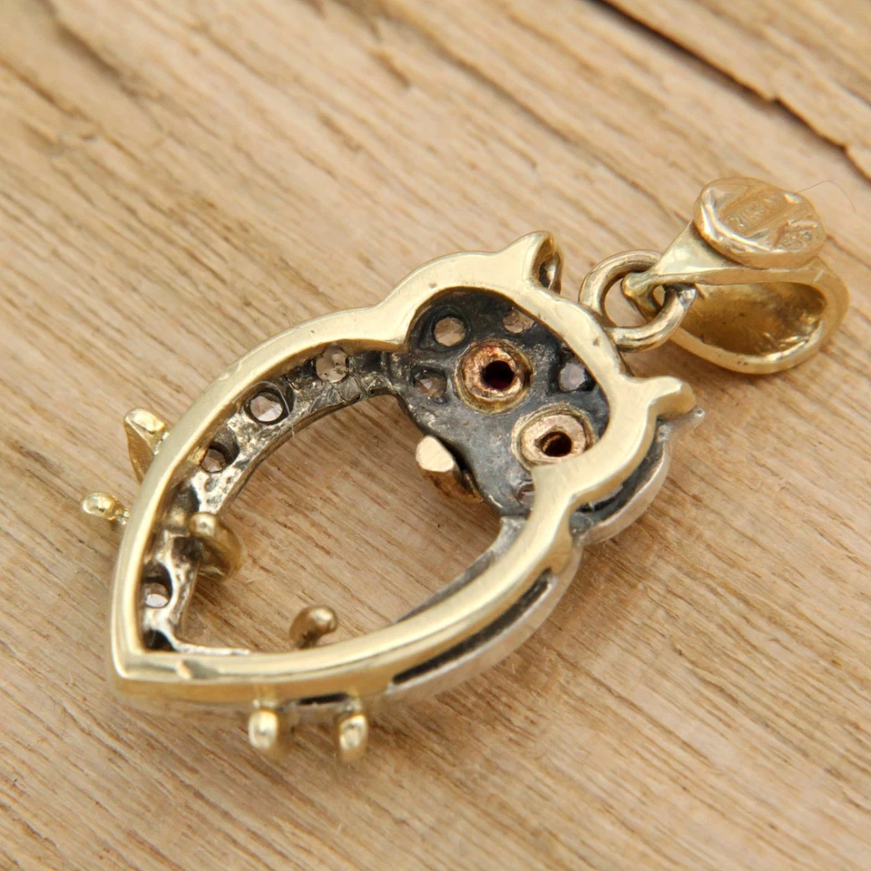 Pendentif en OR Jaune 14 Carats k RUBIS et DIAMANT Hibou Chouette Porte Bonheur - Photo 2/4