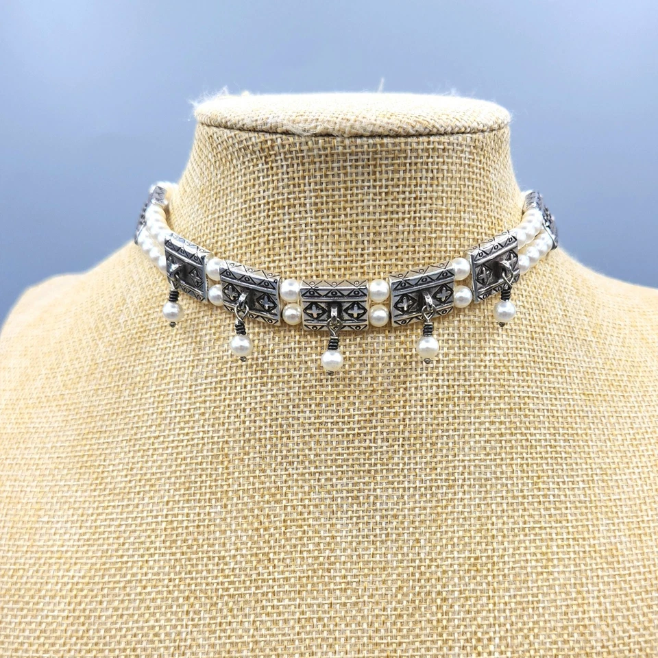 Collar gargantilla panel placa plata perla sintética Brighton PRINCESA DIANA 16" Foto 2 de 4