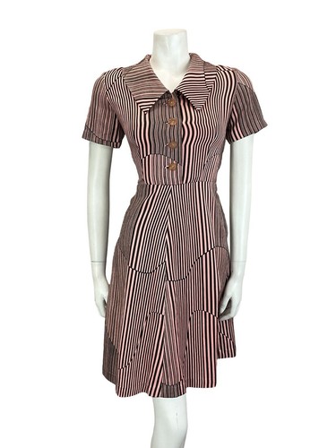 Vintage 60er 70er Jahre rosa schwarz geometrisch gestreift Dolchkragen A-Linie Hemdkleid 10 - Bild 2 von 10